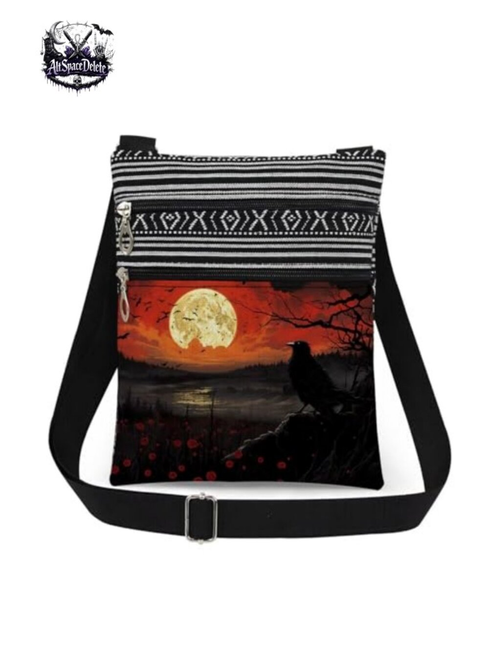 Polyester Crossbody Bag Gothic Raven Moon Floral Messenger Adjustable Strap